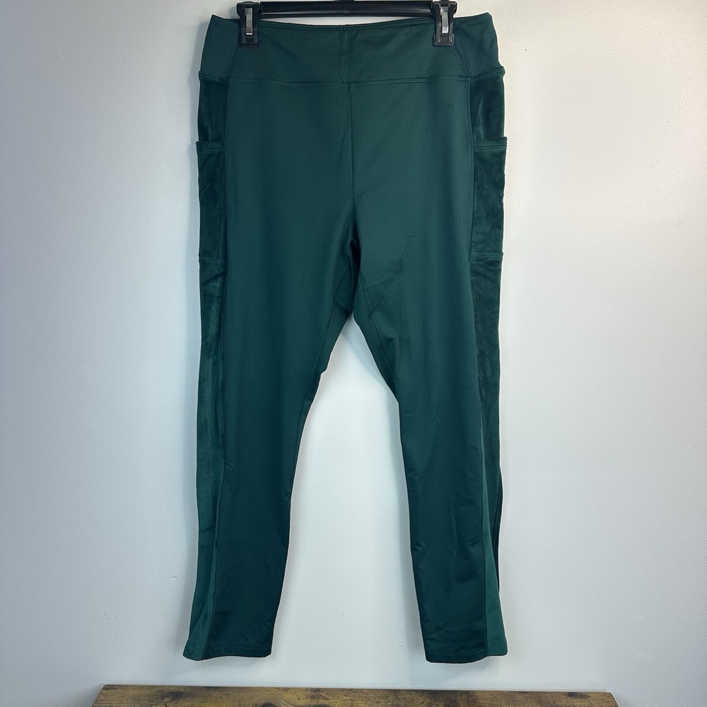 Victoria Secret Pink Active Velvet Green Leggings XL Ankle Pockets Activewear